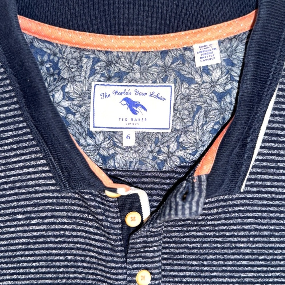 Ted Baker London Polo Shirt Men’s Size 6 (Large) Navy Blue Stripe Lobster Logo